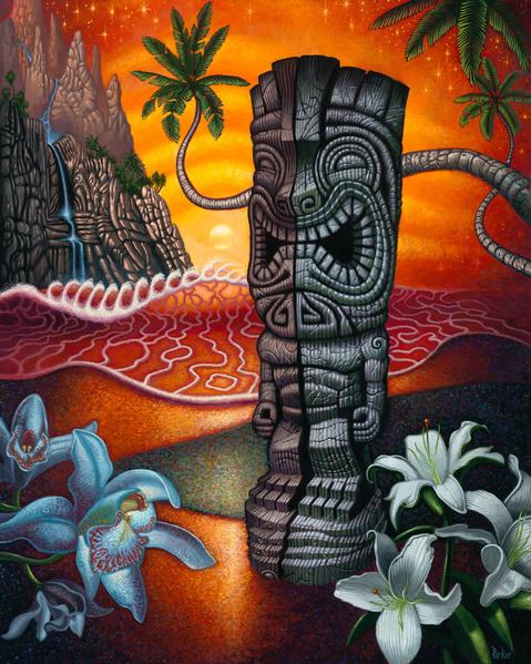479x599 Tiki Cat Canvas Giclee Lowbrow Artist Brad Parker - Tiki Painting