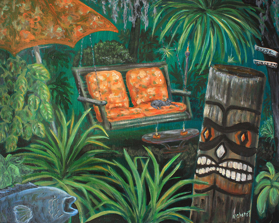 900x719 Tiki Garden Painting By Nancy Chenet - Tiki Painting