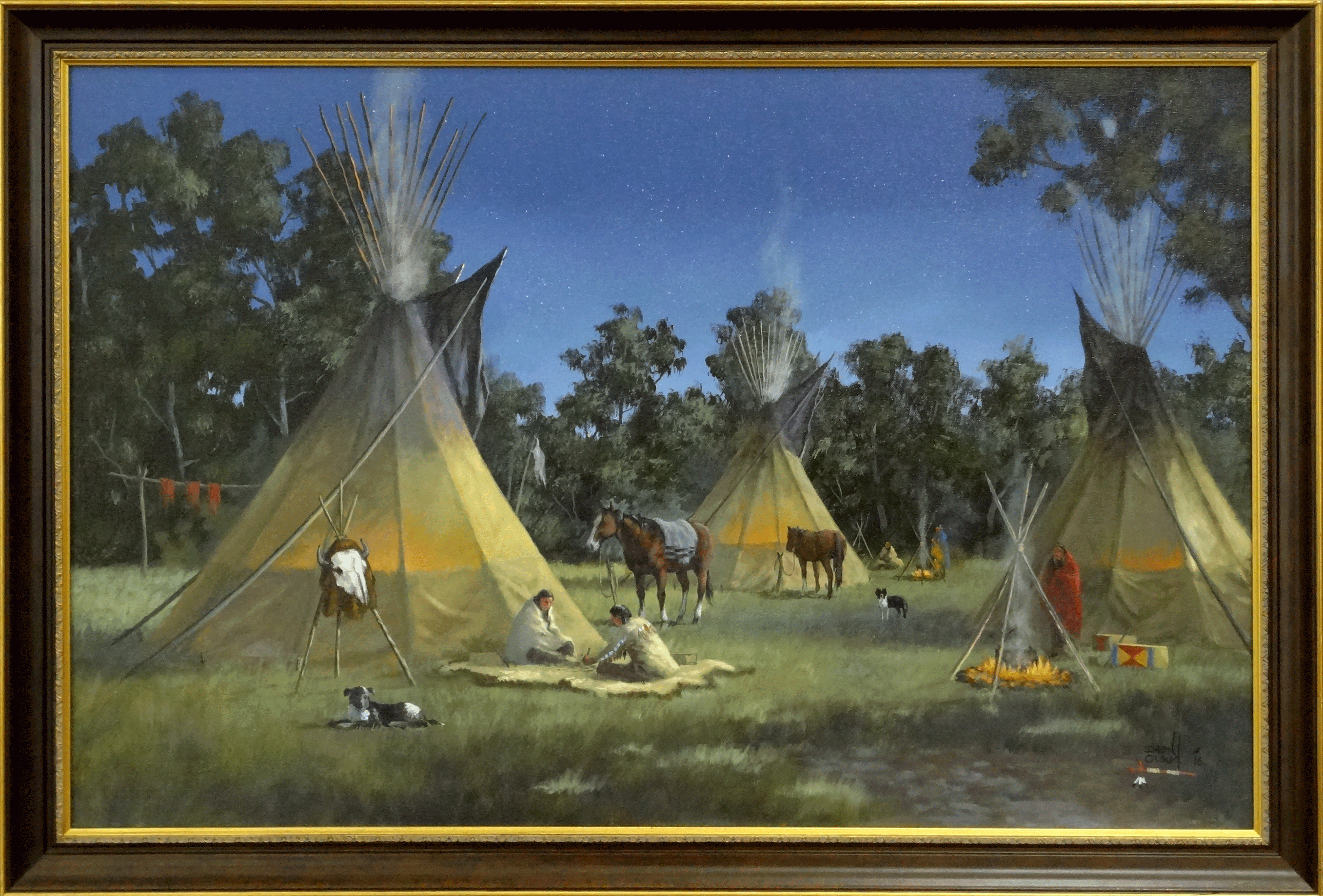 2713x1838 Native American Art Del Iron Cloud Moonlight And Campfires - Tipi Painting