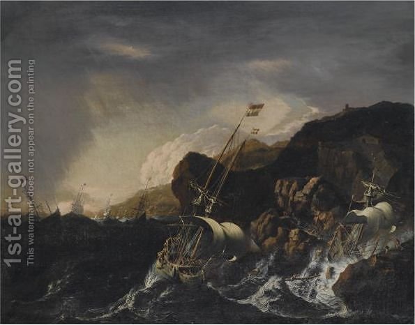 595x466 Shipping A Heavy Storm Along A Rocky Coast, A Shipwreck - To The Rescue Painting