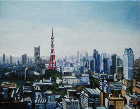570x443 Tokyo Cityscape Painting 10x8in Mini Giclee Print - Tokyo Painting
