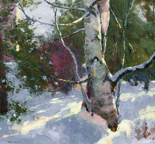 600x557 Winter Birch Michigan Artist Tom Nelson Landscape Painting - Tom Nelson Painting