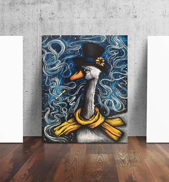 570x615 Swan Smoking Top Hat Print From Original Painting By Cat - Top Hat Painting