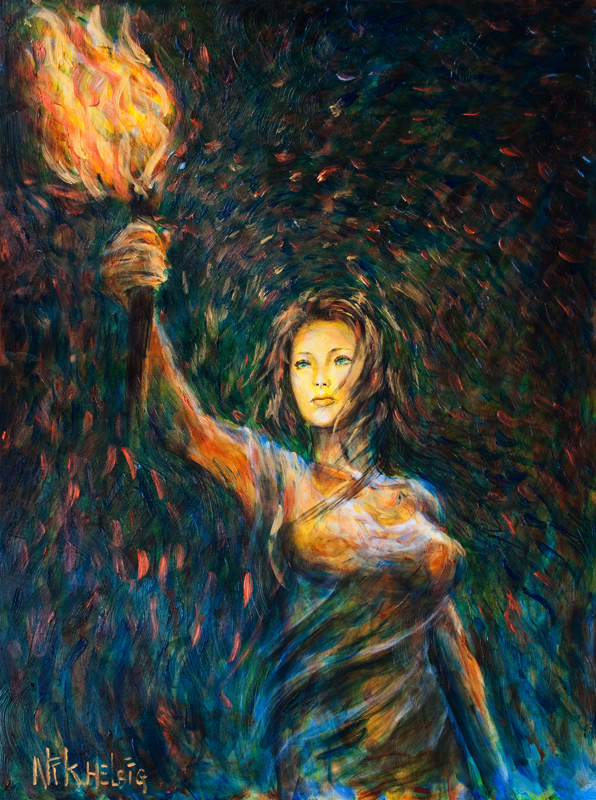 596x800 Light Up This Town Liberty Painting By Nicole Helbig - Torch Painting