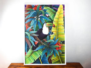 300x225 Vintage Large Signed Jungle Bird Toucan Painting Oil On Canvas - Toucan Painting