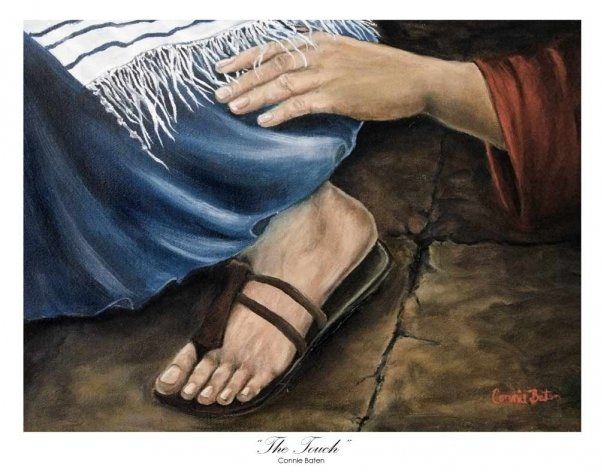 604x474 The Touch Oil On Canvas. The Woman Reaching Out To Touch The Hem - Touching The Hem Of His Garment Painting