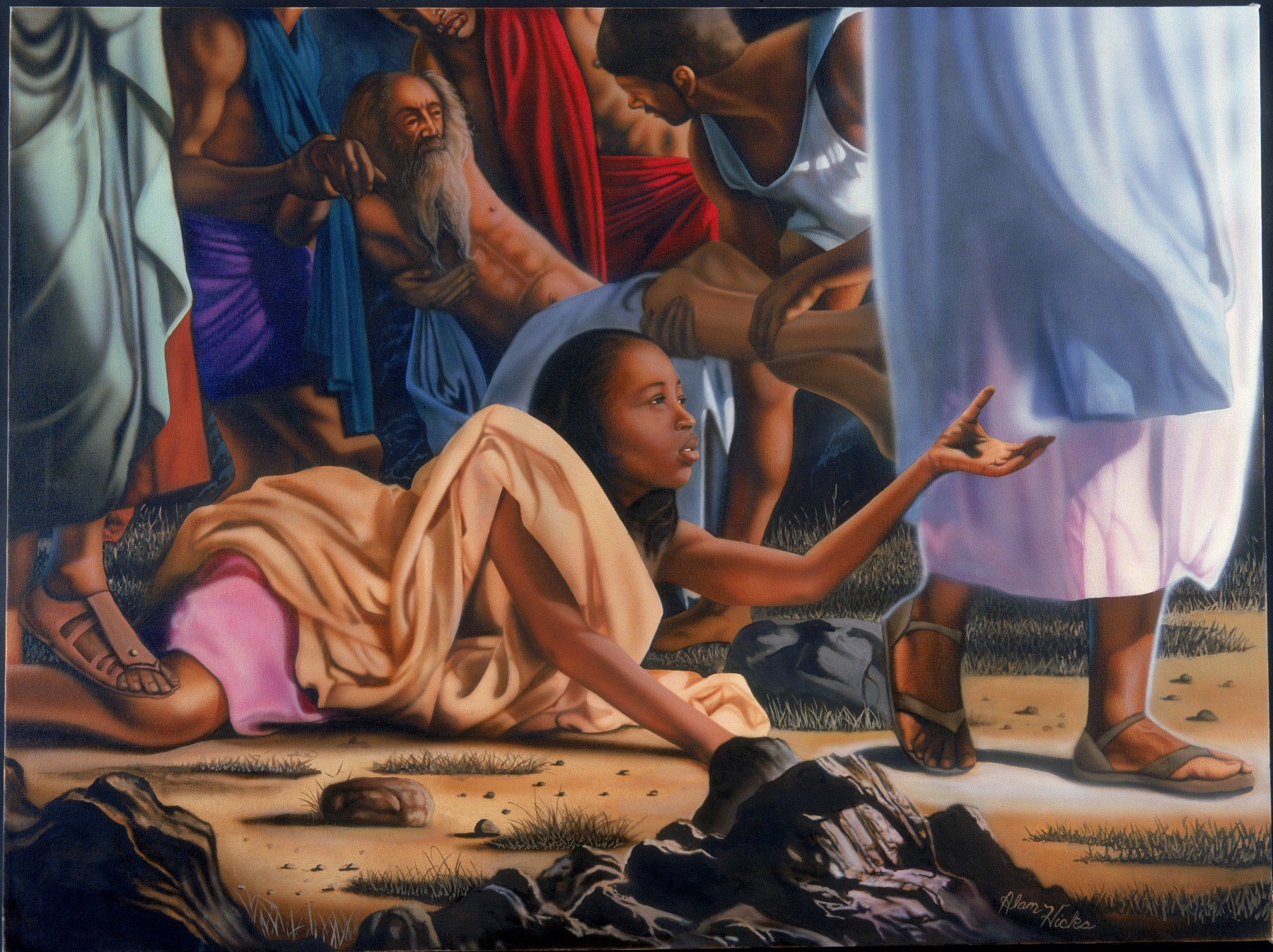1800x1346 The Touch By Aaron And Alan Hicks The Black Art Depot - Touching The Hem Of His Garment Painting