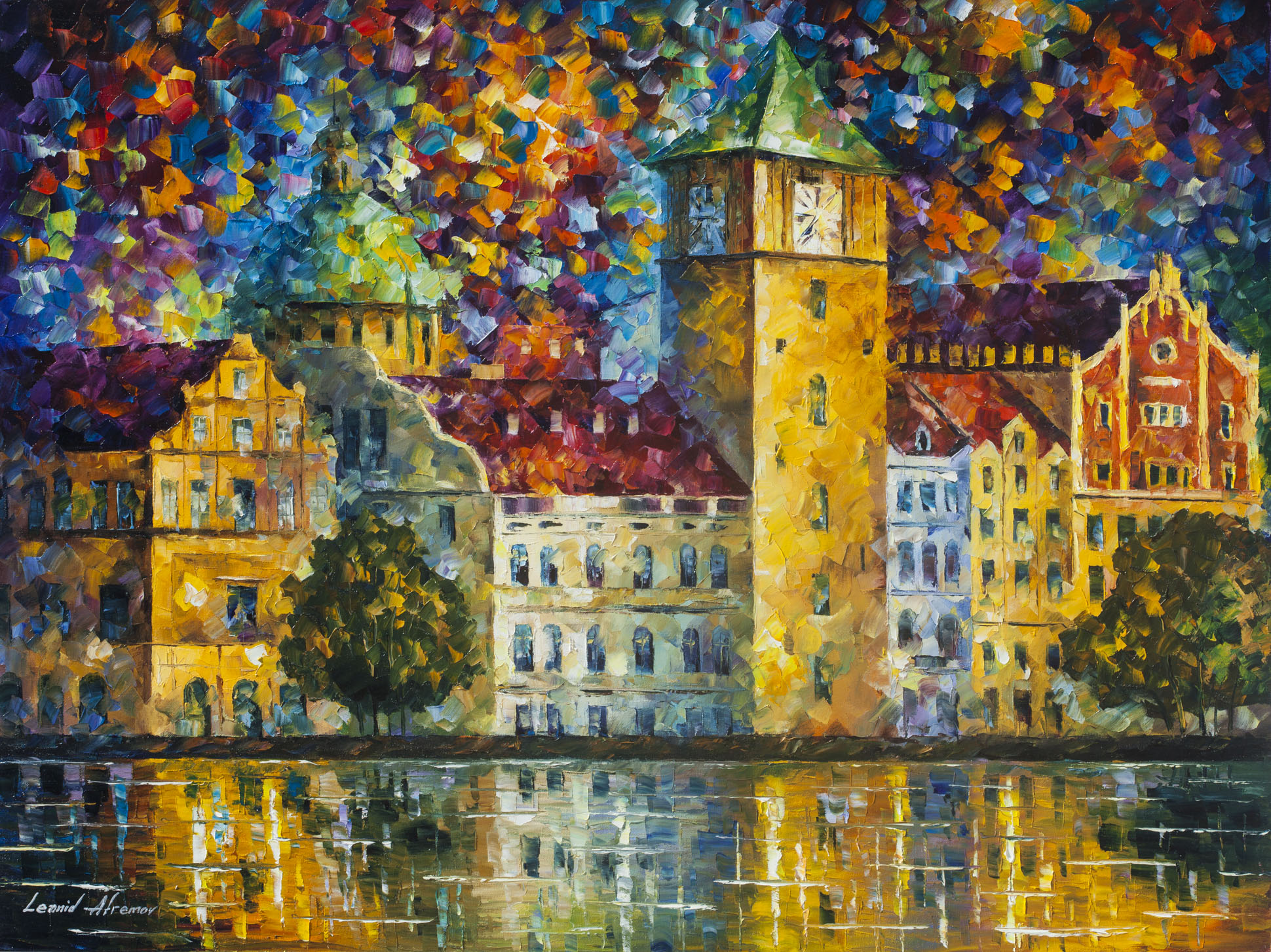 1940x1454 Clock Tower By The River Original Oil Painting On Canvas By - Tower Painting