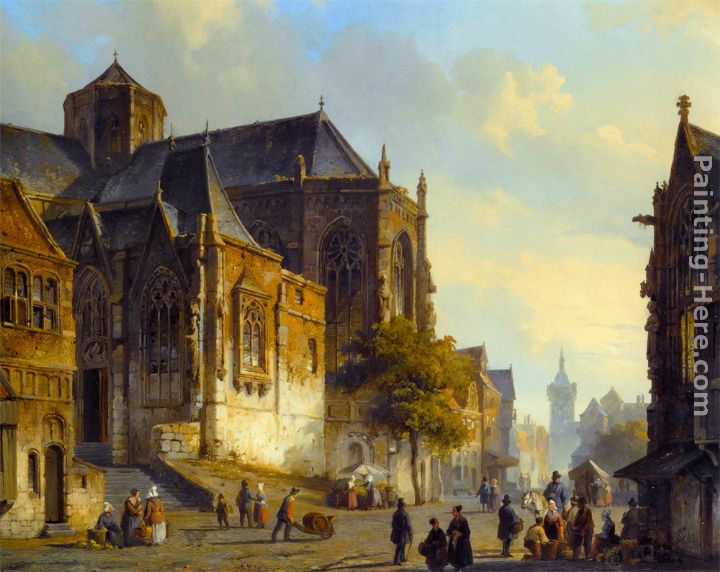 720x572 Cornelis Springer Figures On A Market Square In A Dutch Town - Town Painting