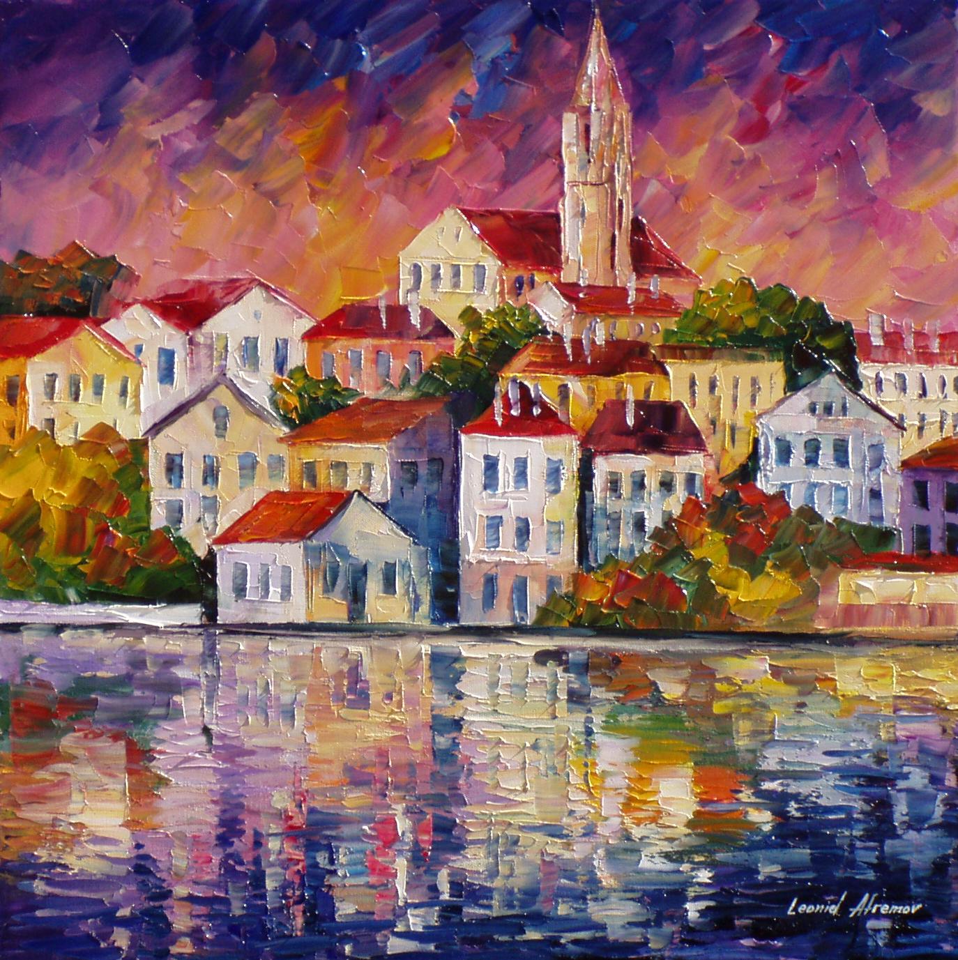 1374x1377 Simple Town Palette Knife Oil Painting On Canvas By Leonid - Town Painting