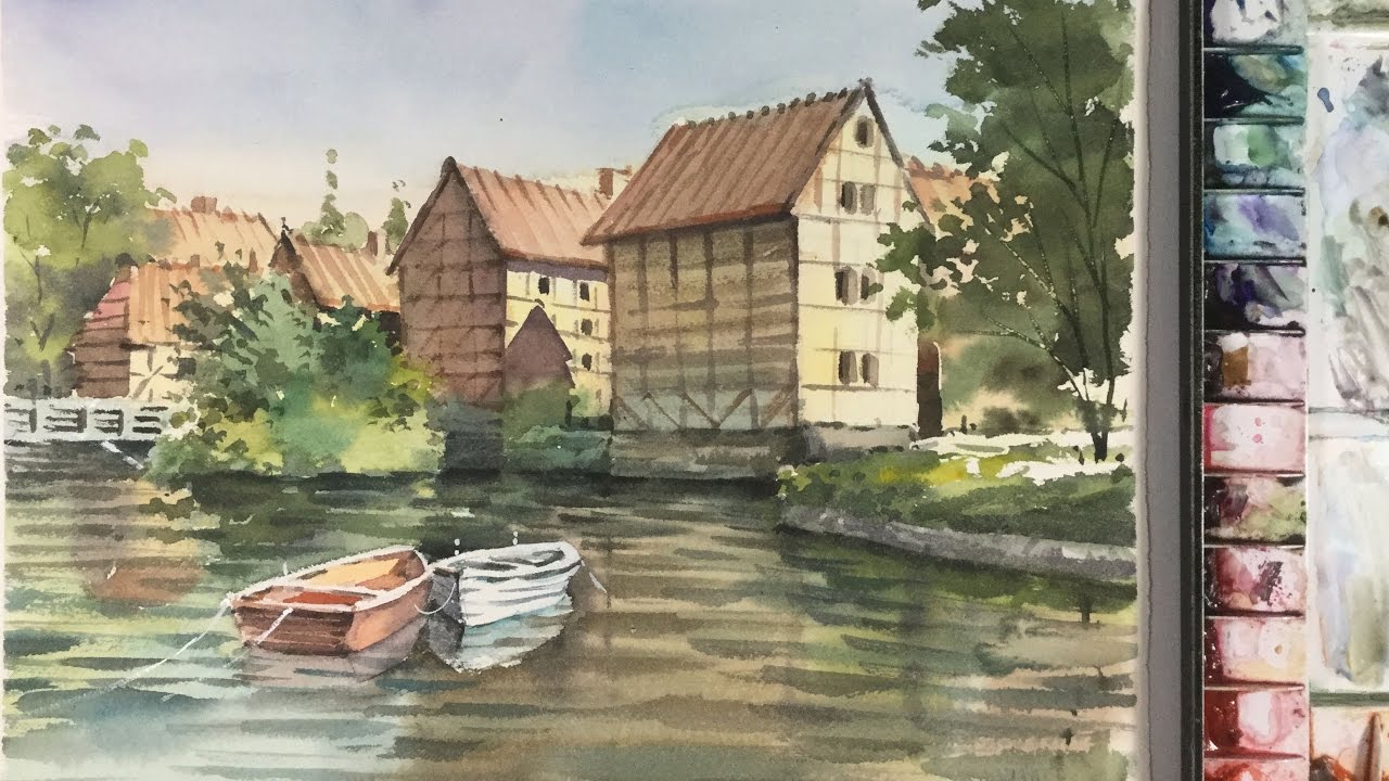 1280x720 Watercolor Landscape Painting The Old Town Of Aarhus - Town Painting