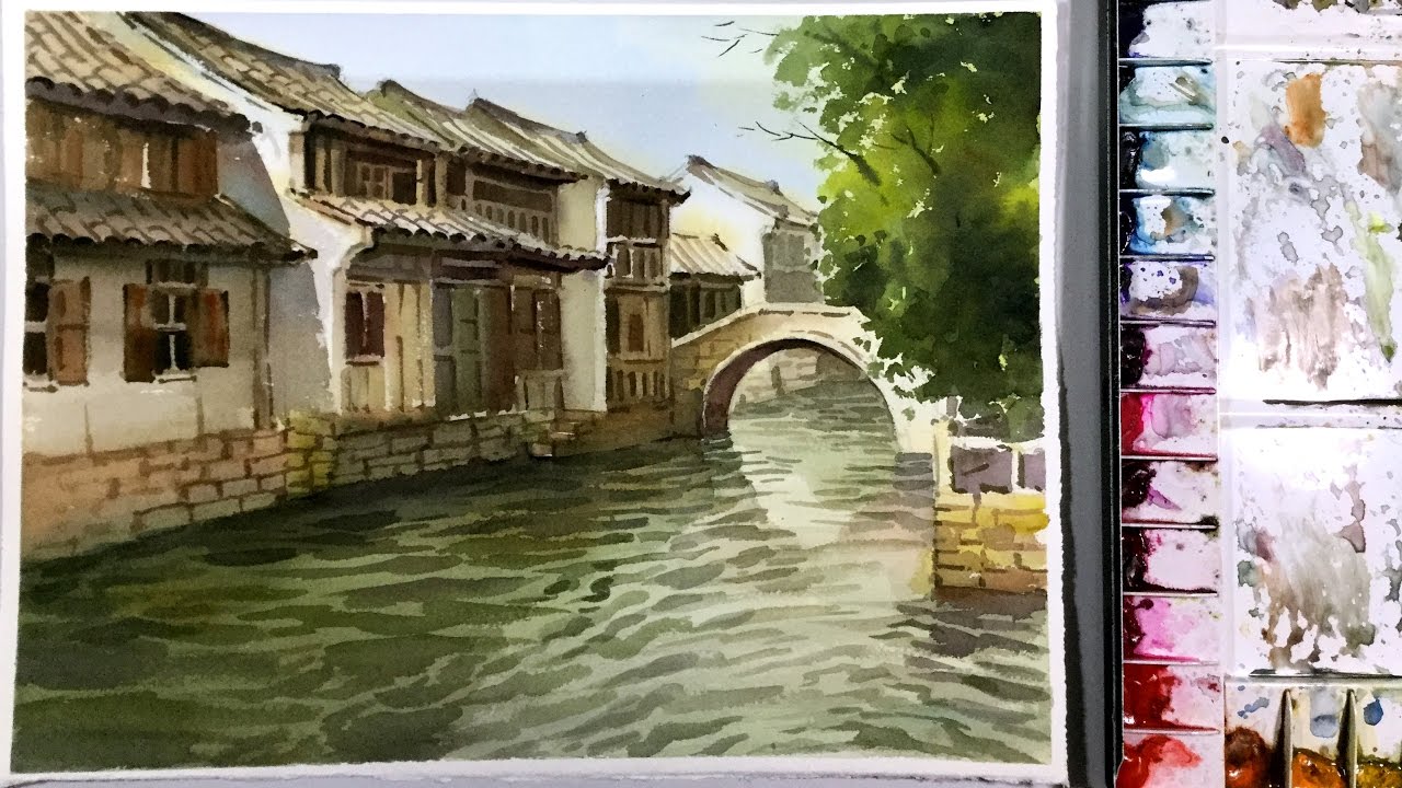 1280x720 Watercolor Landscape Painting Zhouzhuang Water Town - Town Painting
