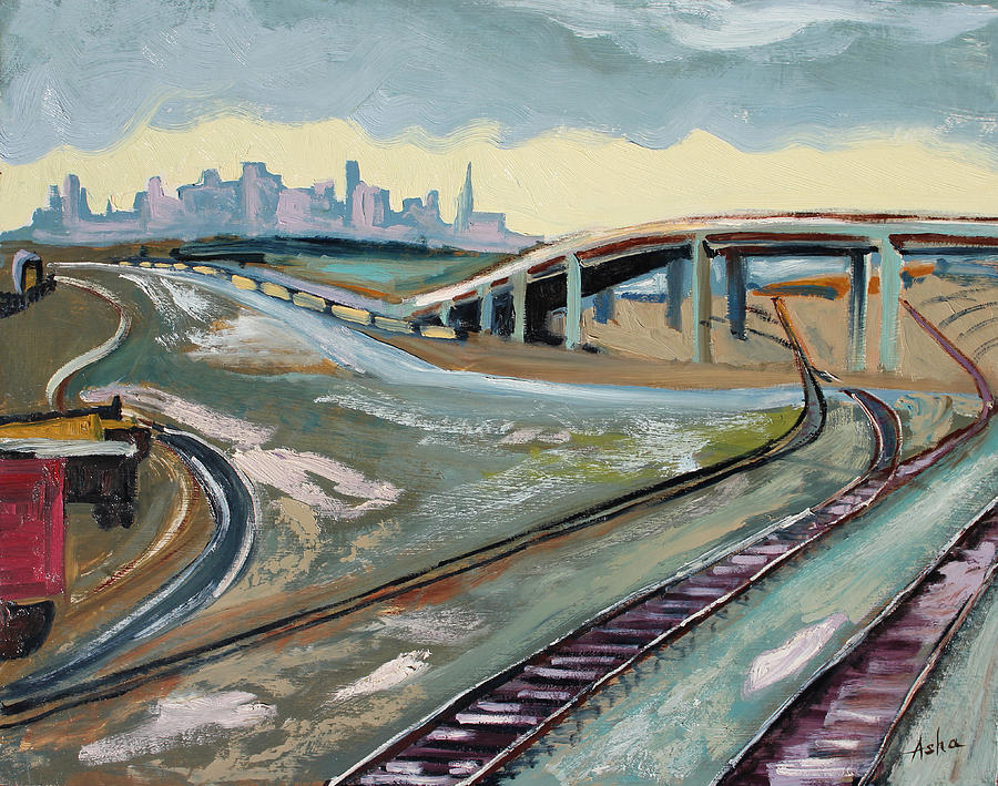 900x709 Stormy Train Tracks And San Francisco Painting By Asha Carolyn Young - Track Painting