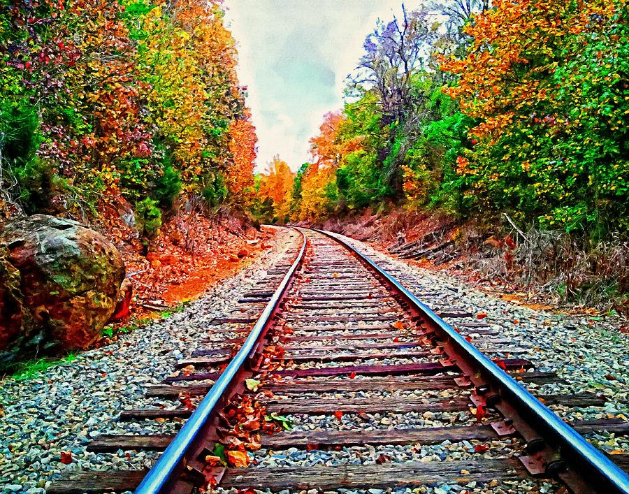900x707 Autumn Railroad Art Landscape Painting By Andres Ramos - Track Painting