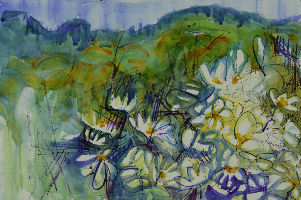 1024x681 White Daisies Along The Railroad Track Blink Art - Track Painting