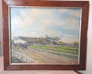 300x239 Vintage Original Rellier Abstract Oil Painting Horse Track Racing - Track Painting