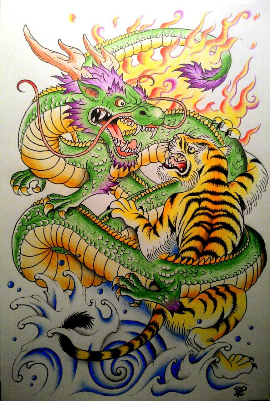 863x1280 Traditional Japanese Tiger Vs Dragon Drawing Tattoo Inspiration By - Traditional Japanese Dragon Painting