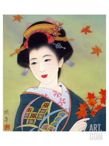 366x488 Japanese Geisha In Fall Leaves Japanese Geisha - Traditional Japanese Geisha Painting