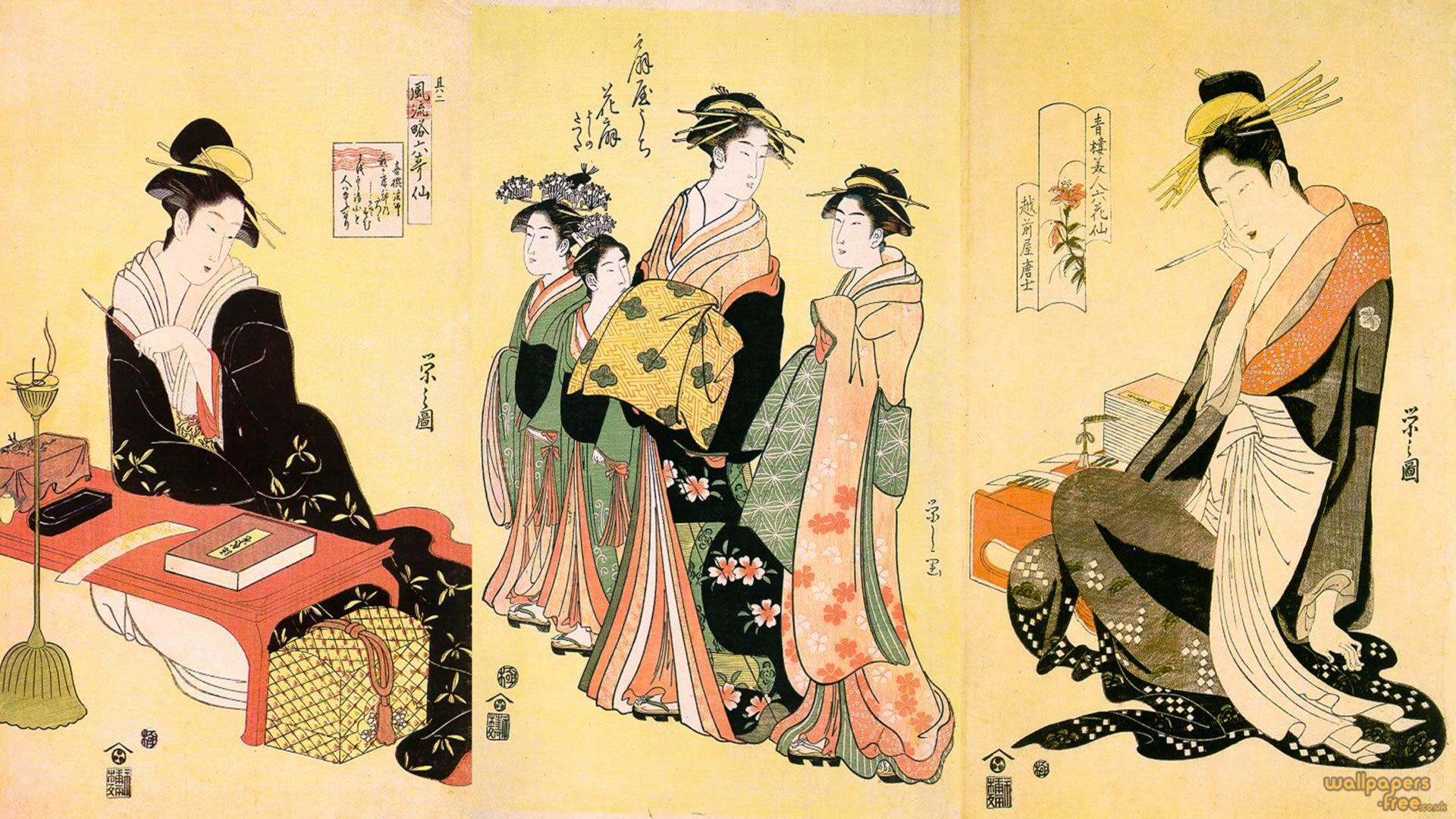 1920x1080 Geisha Girls Walking And Performing Calligraphy - Traditional Japanese Geisha Painting