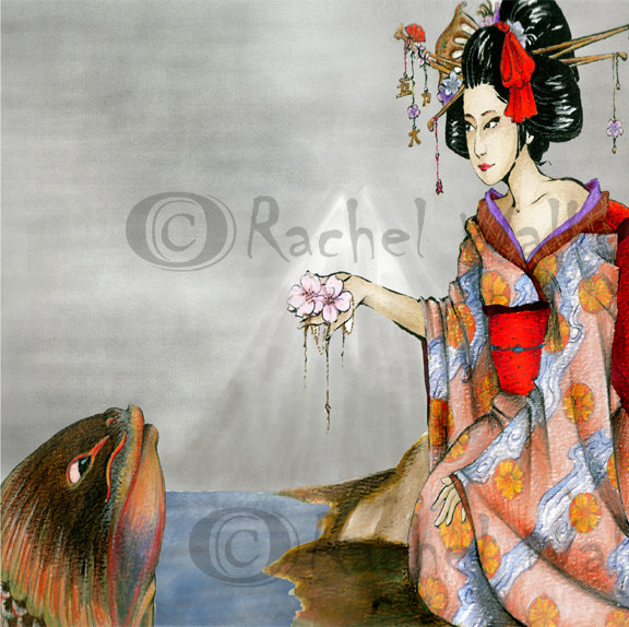 576x574 Gift To The Great Koi Geisha Koi Fish Catfish Mythology - Traditional Japanese Painting Geisha