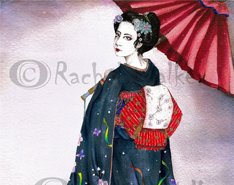 340x270 November Geisha Japan Kimono Butterflies Autumn Storm - Traditional Japanese Painting Geisha