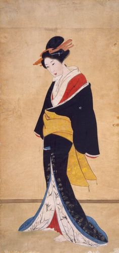 236x500 Courtesan Listening To A Cuckoo. Main Detail Of Hanging Scroll - Traditional Japanese Painting Geisha