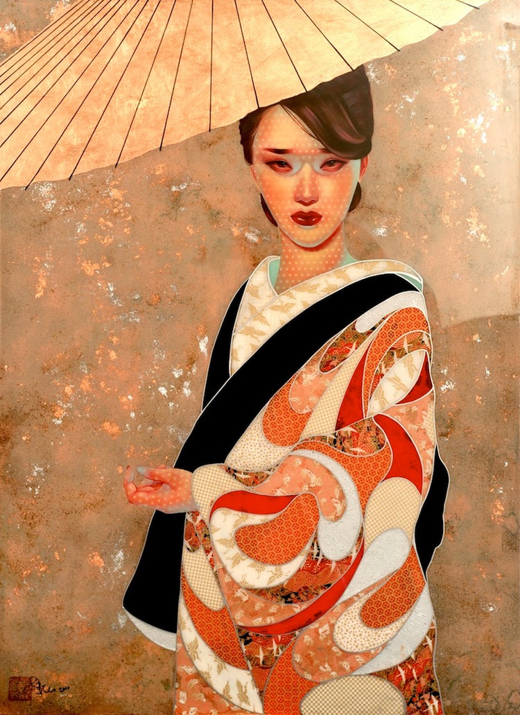 750x1031 Japanese Contemporary Art Mixed Media Portraits By Lauren Brevner - Traditional Japanese Woman Painting