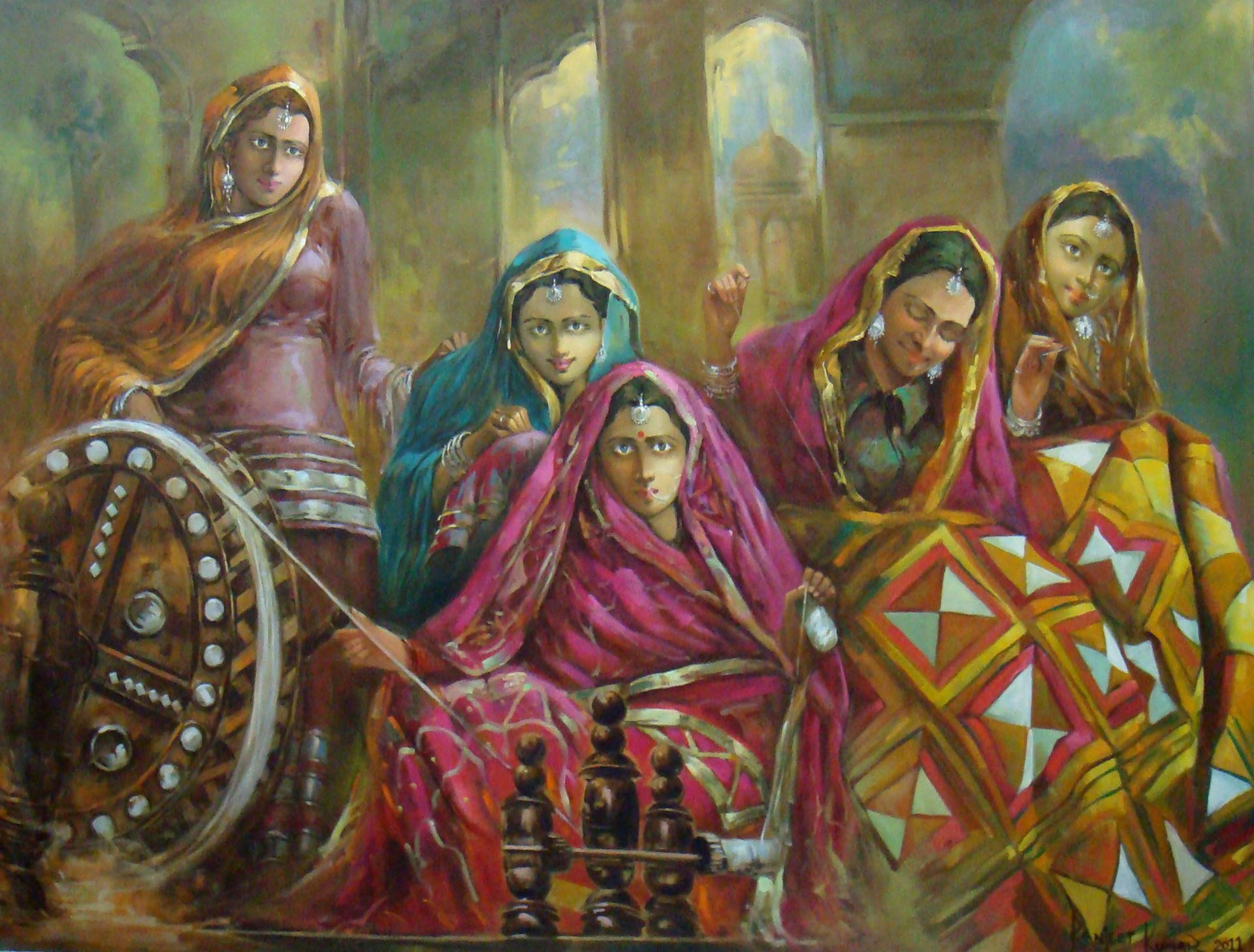 1920x1458 Indian Traditional Rural Woman With Charkhaa Hand Painted Art - Traditional Painting