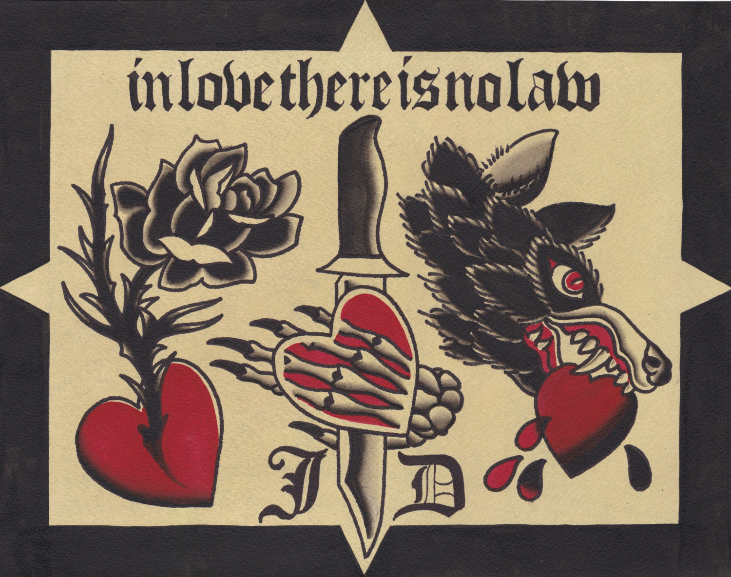 1500x1184 Original Watercolor Traditional Tattoo Flash Painting Of Heart - Traditional Tattoo Painting