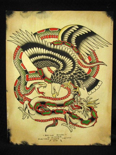 480x640 Original Traditional Tattoo Painting Battle Royal By Electrictiger - Traditional Tattoo Painting