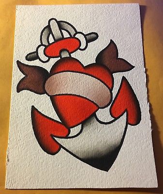 337x400 5x7 Watercolor Painting Old School Traditional Tattoo Design - Traditional Tattoo Painting