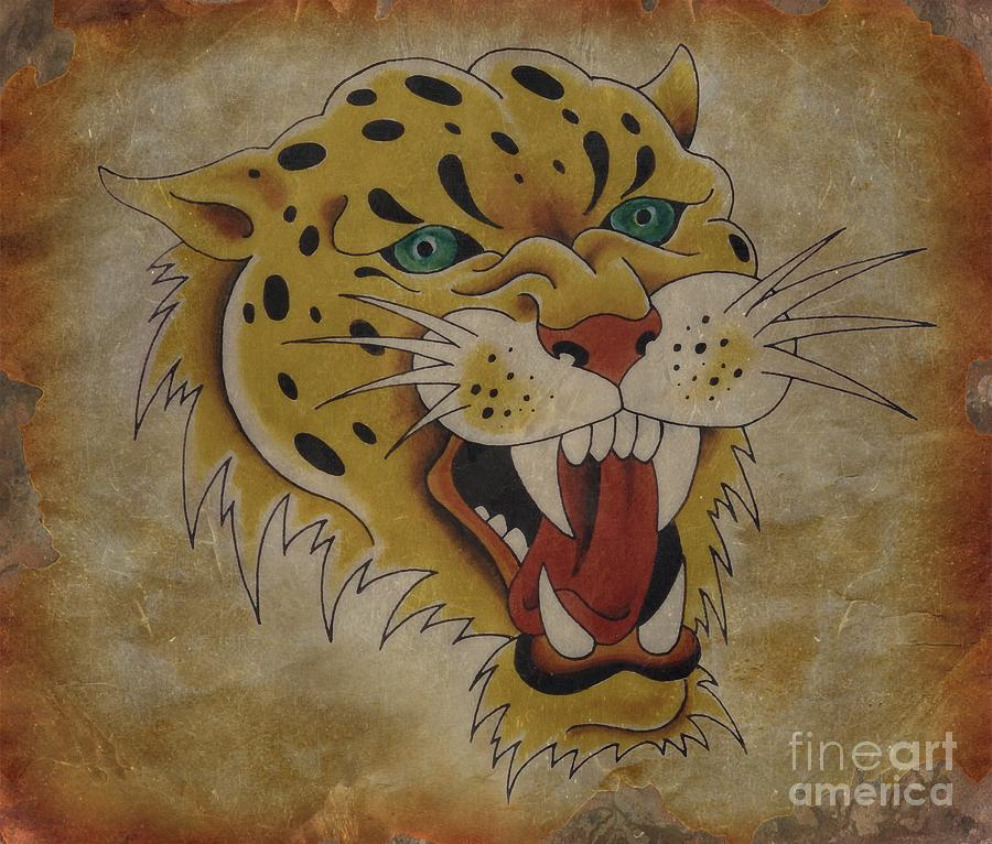 900x766 Traditional Tattoo Leopard Painting By Larry Mora - Traditional Tattoo Painting