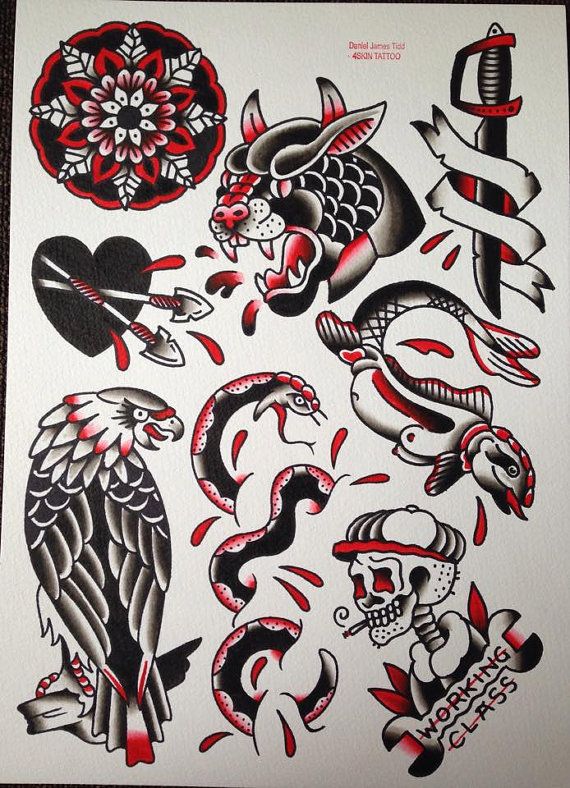 570x788 Black And Red Original Watercolour Traditional Tattoo Flash - Traditional Tattoo Painting