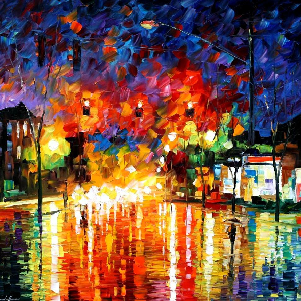 970x971 Night Traffic Lights Palette Knife Oil Painting On Canvas By - Traffic Light Painting