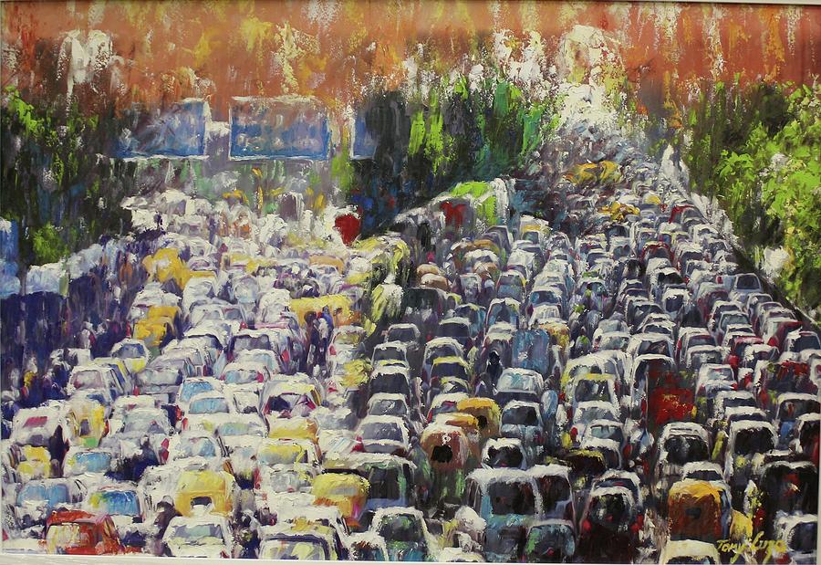 900x619 Traffic Jam Painting By Tony Luzayisu - Traffic Painting