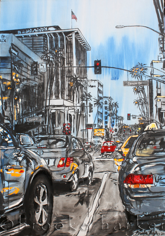 562x800 Large Cityscape Painting Of Traffic In Beverly Hills, Ca - Traffic Painting