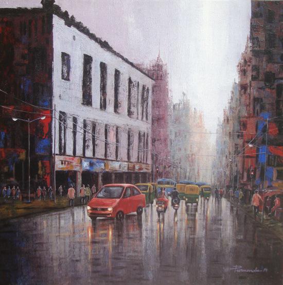 550x554 City Traffic By Artist Purnendu Mandal Cityscape Art Acrylic - Traffic Painting
