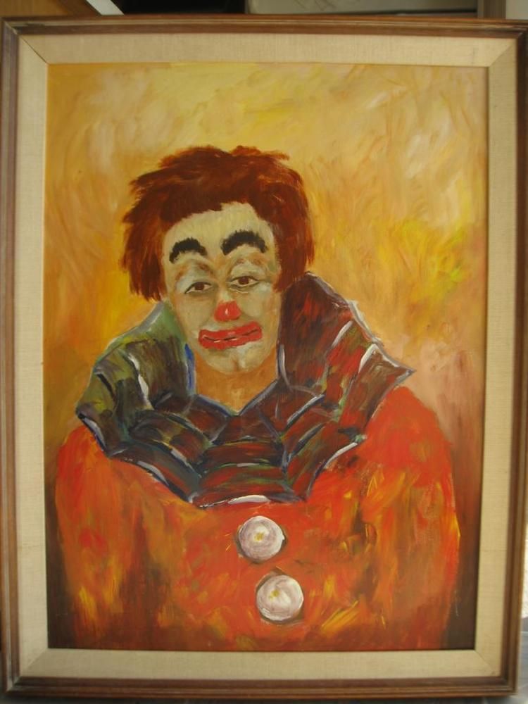 750x1000 Vintage Framed Oil On Masonite Board Painting Tragic Clown - Tragic Clown Painting