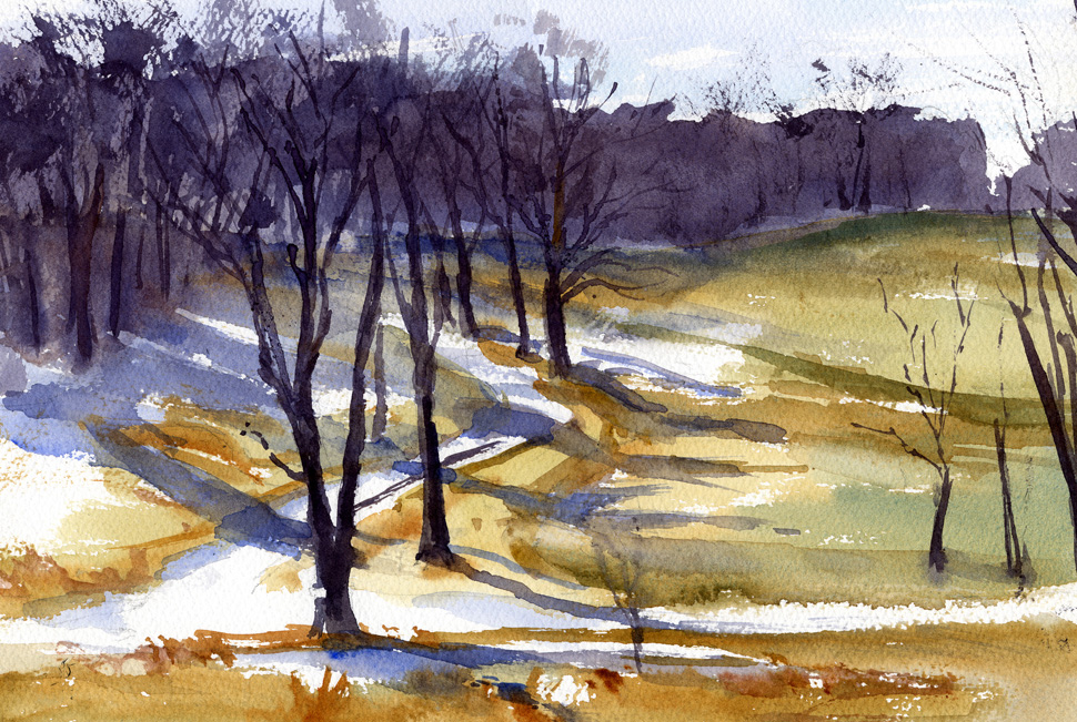 970x651 Mile Around Woods Watercolor Plein Air Landscape Painting - Trail Painting