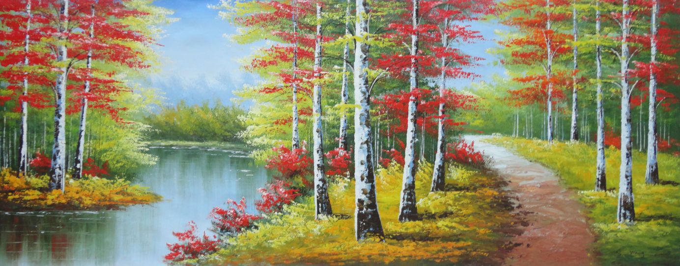 1384x541 River, Trail, Beautiful Autumn Fall Forest Scene Oil Painting - Trail Painting