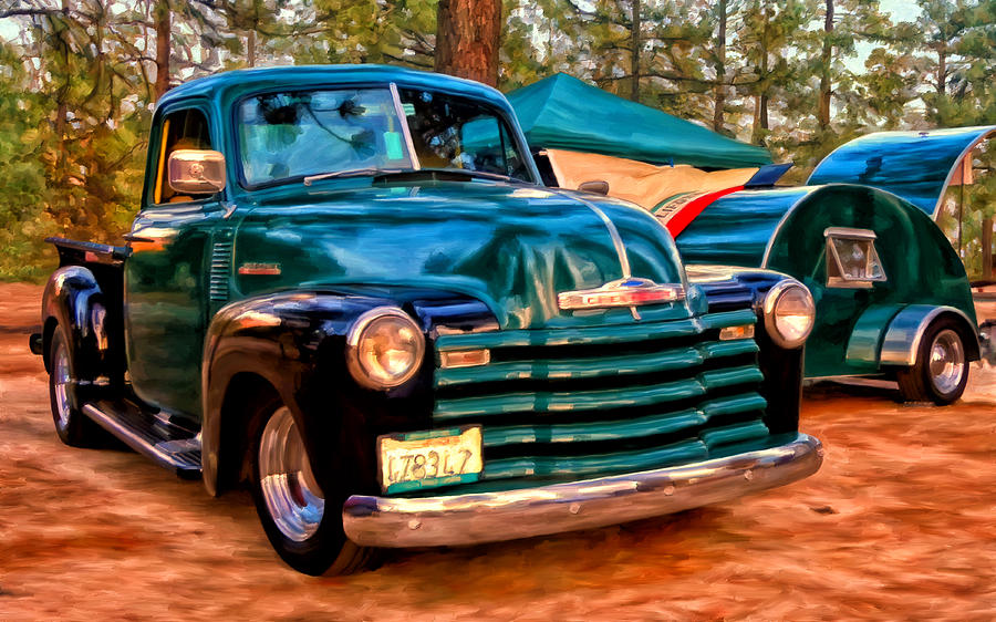 900x562 51 Chevy Pickup With Teardrop Trailer Painting By Michael Pickett - Trailer Painting