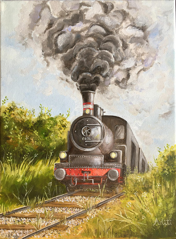 570x772 Oil Steam Train Painting Print Titled Smokey - Train Painting
