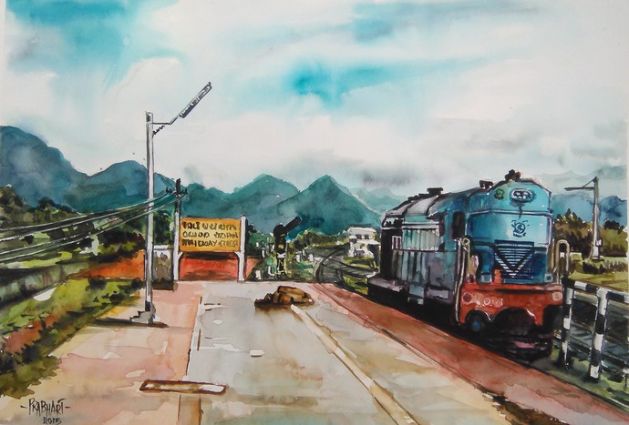 690x467 The Train By Artist Prabhakaran Impressionism, Painting - Train Painting