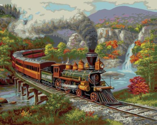 500x400 Plaid Fall River Train Paint By Number Kit - Train Painting