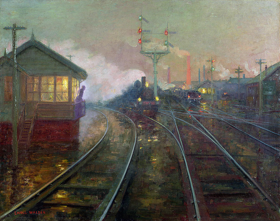900x712 Train At Night Painting By Lionel Walden - Train Track Painting