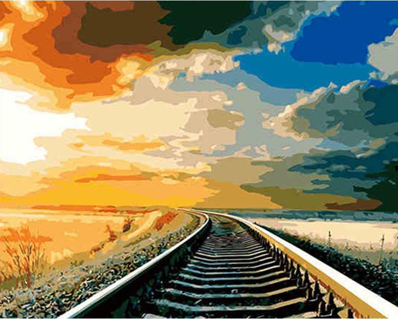 800x642 Train Track And Sun Set Paint By Numbers Painting Diy - Train Track Painting