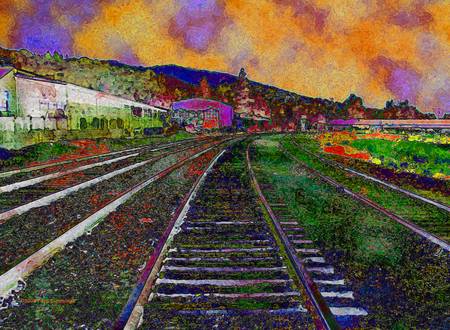 450x330 Train Tracks Orange Sky By Faye Cummings In Walks Around Town - Train Track Painting