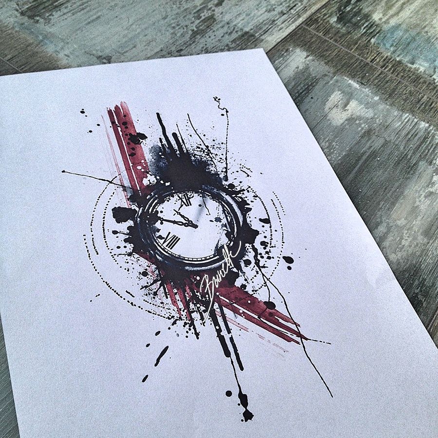 900x900 Abstract Watercolor Trash Polka Clock Tattoo Design Sketching - Trash Polka Painting