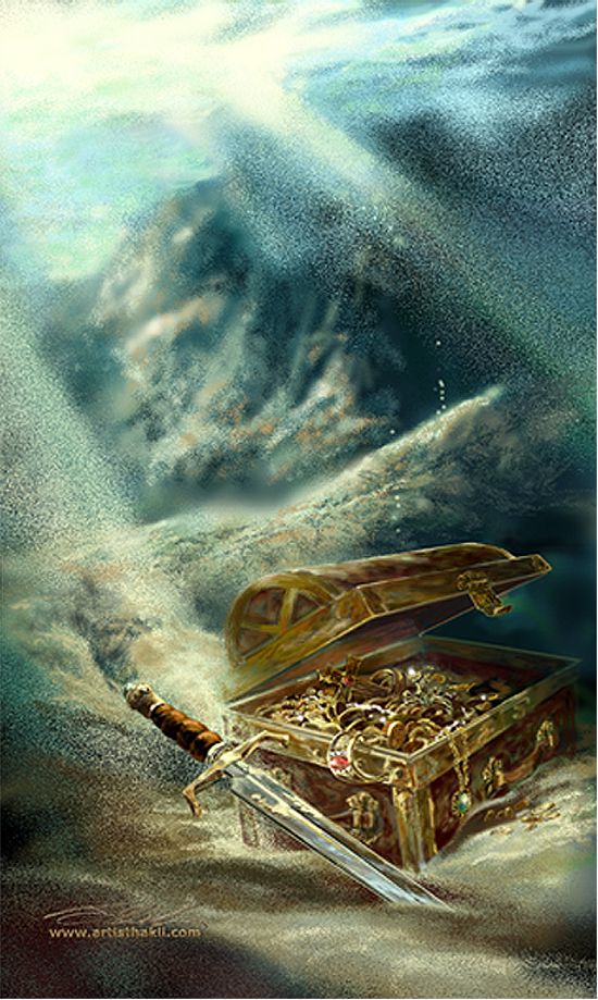 550x919 Seascape Under Water Sunken Pirate Treasure Painting, Is Available - Treasure Chest Painting