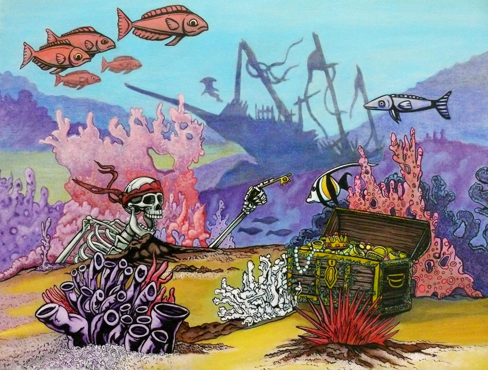 1000x759 Pirate Art Of A Skeleton Searching For Sunken Treasure - Treasure Painting